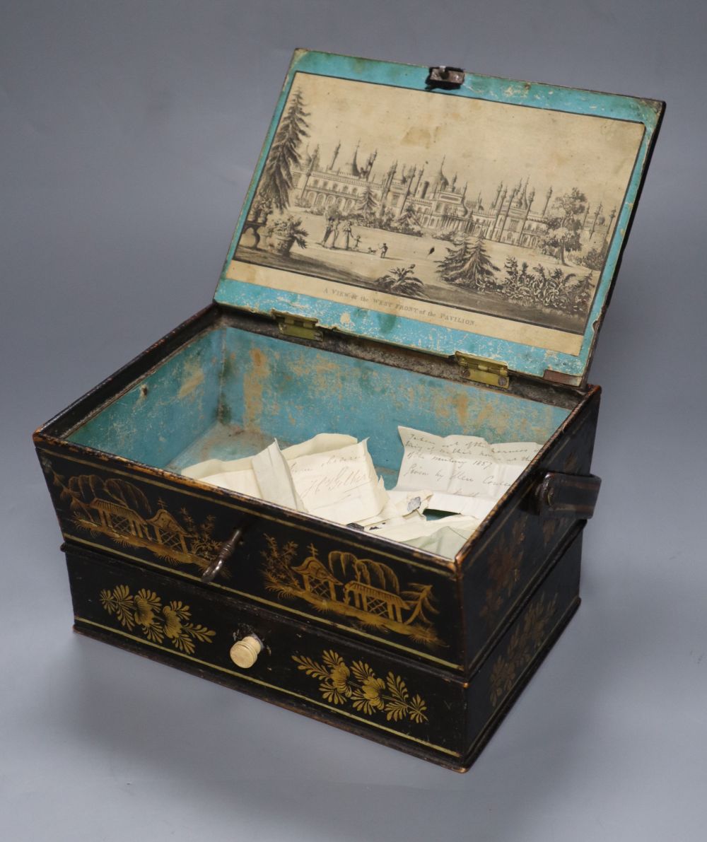 Brighton interest: A Chain pier and Marine Parade, Brighton japanned sewing basket, c.1840., the interior with a view of the pavilion